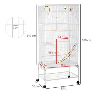 GABBIA PER UCCELLI IN ACCIAIO E PP CON POSATOI, GIOCHI, CONTENITORI PER CIBO E VASSOIO, 83X53X180 CM, BIANCO