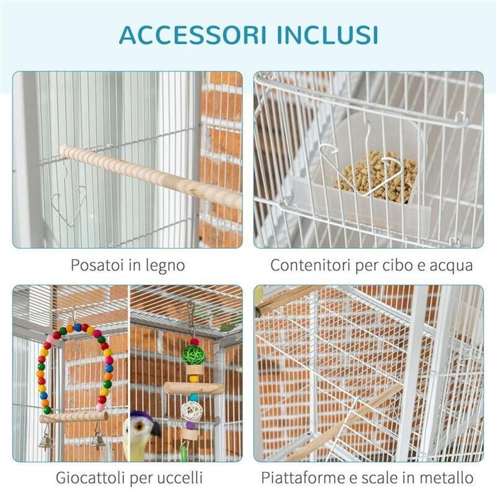 GABBIA PER UCCELLI IN ACCIAIO E PP CON POSATOI, GIOCHI, CONTENITORI PER CIBO E VASSOIO, 83X53X180 CM, BIANCO