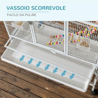 GABBIA PER UCCELLI IN ACCIAIO E PP CON POSATOI, GIOCHI, CONTENITORI PER CIBO E VASSOIO, 83X53X180 CM, BIANCO