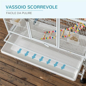GABBIA PER UCCELLI IN ACCIAIO E PP CON POSATOI, GIOCHI, CONTENITORI PER CIBO E VASSOIO, 83X53X180 CM, BIANCO