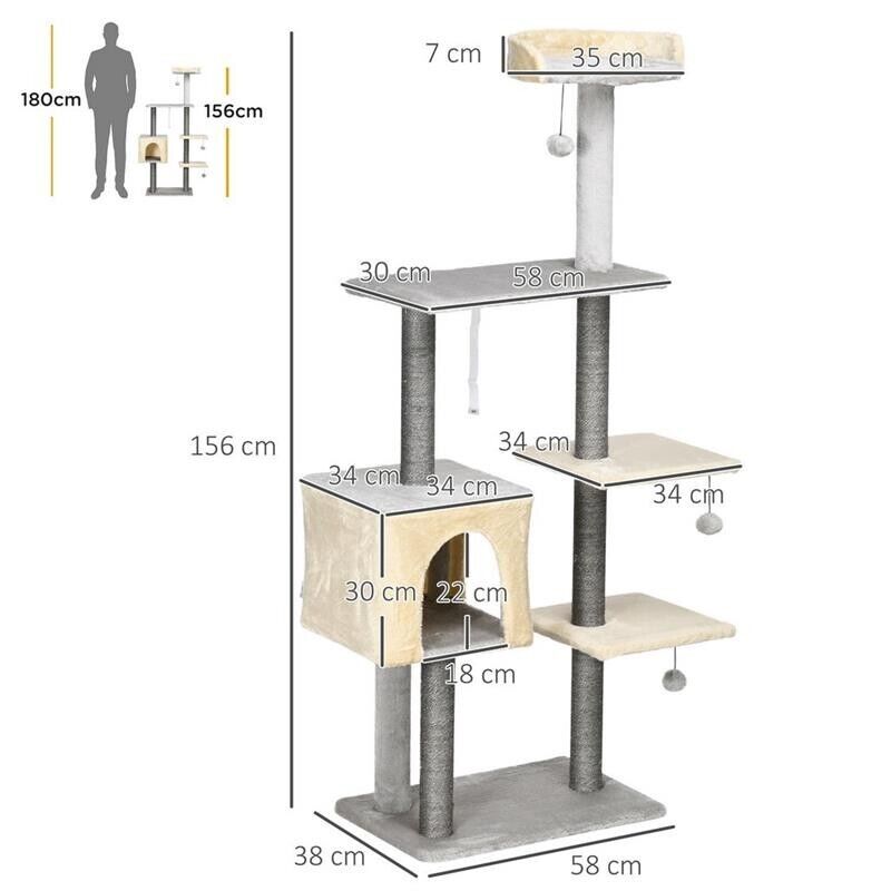 TIRAGRAFFI PER GATTI ALTO 156 CM CON LETTINO, CASETTA E PALI TIRAGRAFFI IN SISAL