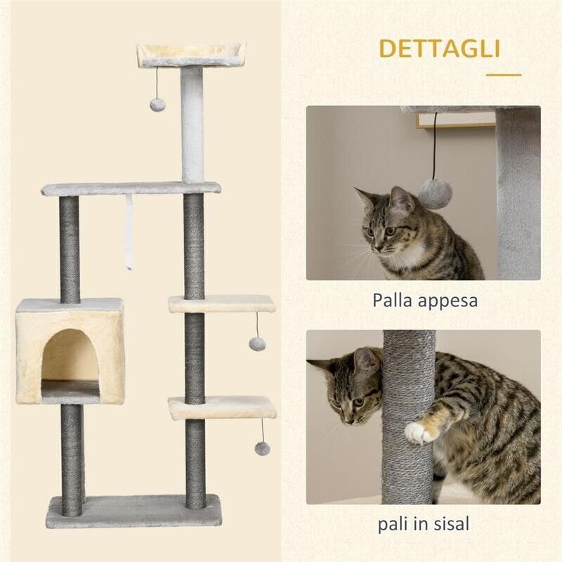 TIRAGRAFFI PER GATTI ALTO 156 CM CON LETTINO, CASETTA E PALI TIRAGRAFFI IN SISAL