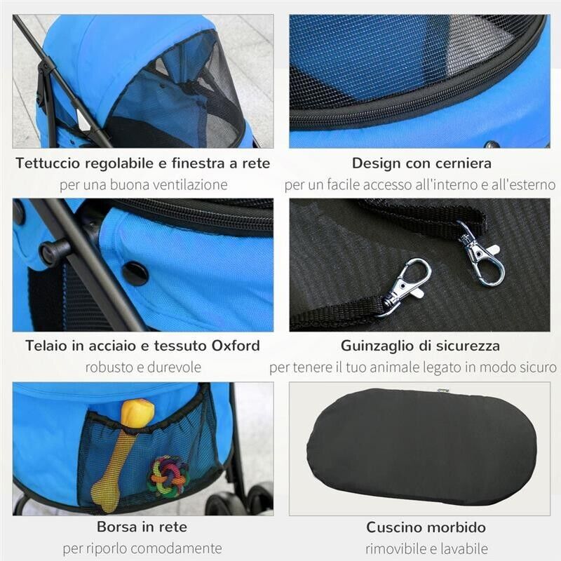 PASSEGGINO PER CANI PIEGHEVOLE CON TETTUCCIO REGOLABILE E RUOTE GIREVOLI, 82X47X97CM, BLU