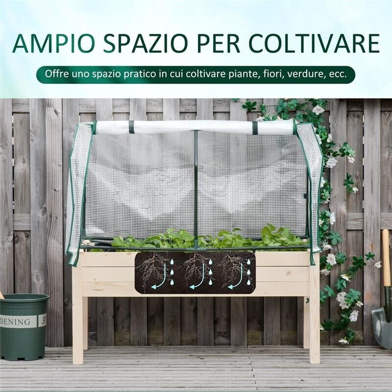 LETTO PER ORTO IN CASSETTA CON SERRA DA GIARDINO, PORTAPIANTE DA ESTERNO IN LEGNO E PE PER FIORI E VERDURE