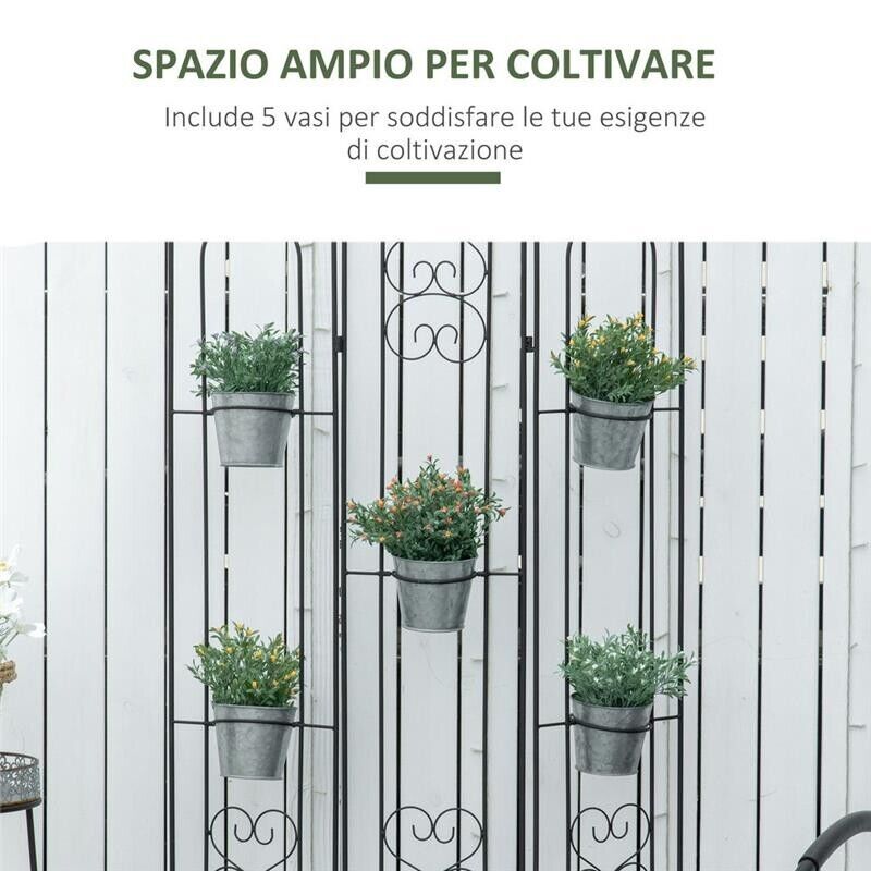 PORTAPIANTE VERTICALE PIEGHEVOLE CON 5 VASI DA ESTERNO IN METALLO, 82X12.5X150CM, NERO