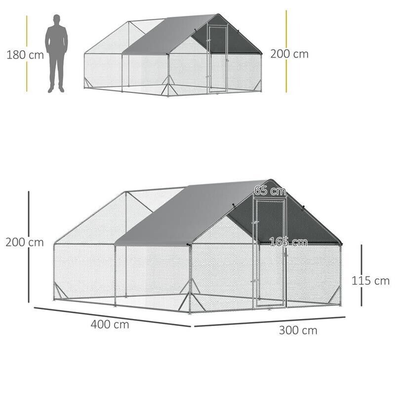 POLLAIO DA GIARDINO CON TELAIO ZINCATO, COPERTURA IMPERMEABILE E RETE ESAGONALE, 3X4X2M, ARGENTO