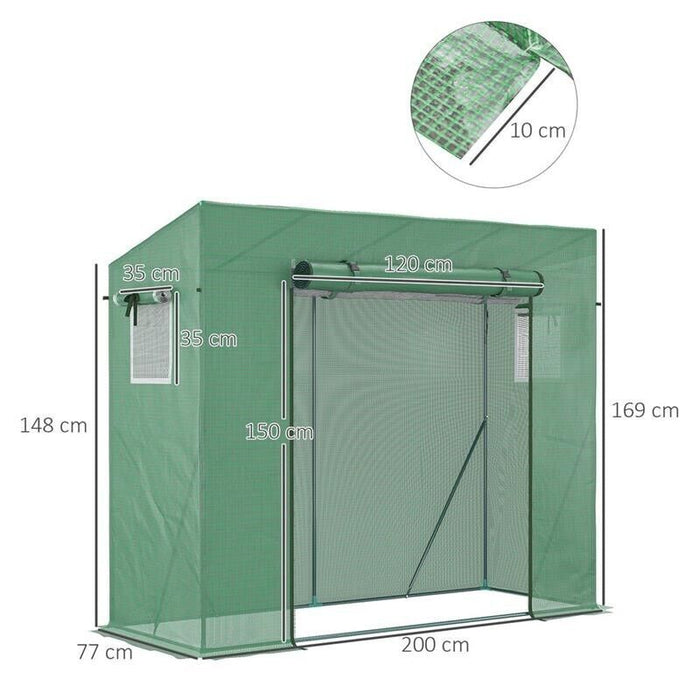 SERRA DA GIARDINO IN PE E ACCIAIO CON 4 PICCHETTI, 2 FINESTRE E COPERTURA RINFORZATA, 200X77X148-169CM