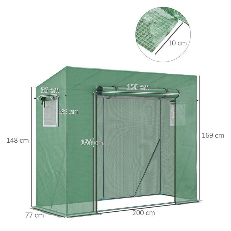 SERRA DA GIARDINO IN PE E ACCIAIO CON 4 PICCHETTI, 2 FINESTRE E COPERTURA RINFORZATA, 200X77X148-169CM