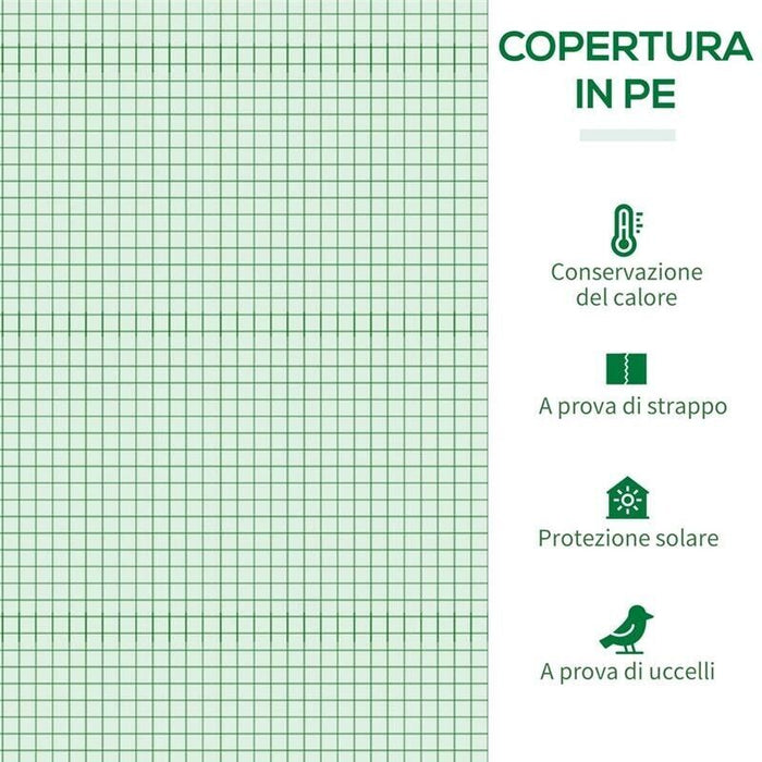 SERRA DA GIARDINO IN PE E ACCIAIO CON 4 PICCHETTI, 2 FINESTRE E COPERTURA RINFORZATA, 200X77X148-169CM