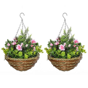 SET DI 2 PIANTE FINTE LISIANTHUS DA APPENDERE PER INTERNO ED ESTERNO CON VASO IN VIMINI E CATENELLE, ?25X34CM, ROSA E VERDE