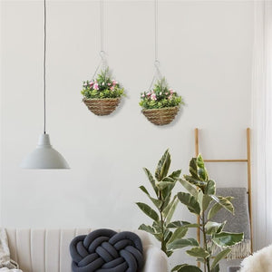 SET DI 2 PIANTE FINTE LISIANTHUS DA APPENDERE PER INTERNO ED ESTERNO CON VASO IN VIMINI E CATENELLE, ?25X34CM, ROSA E VERDE