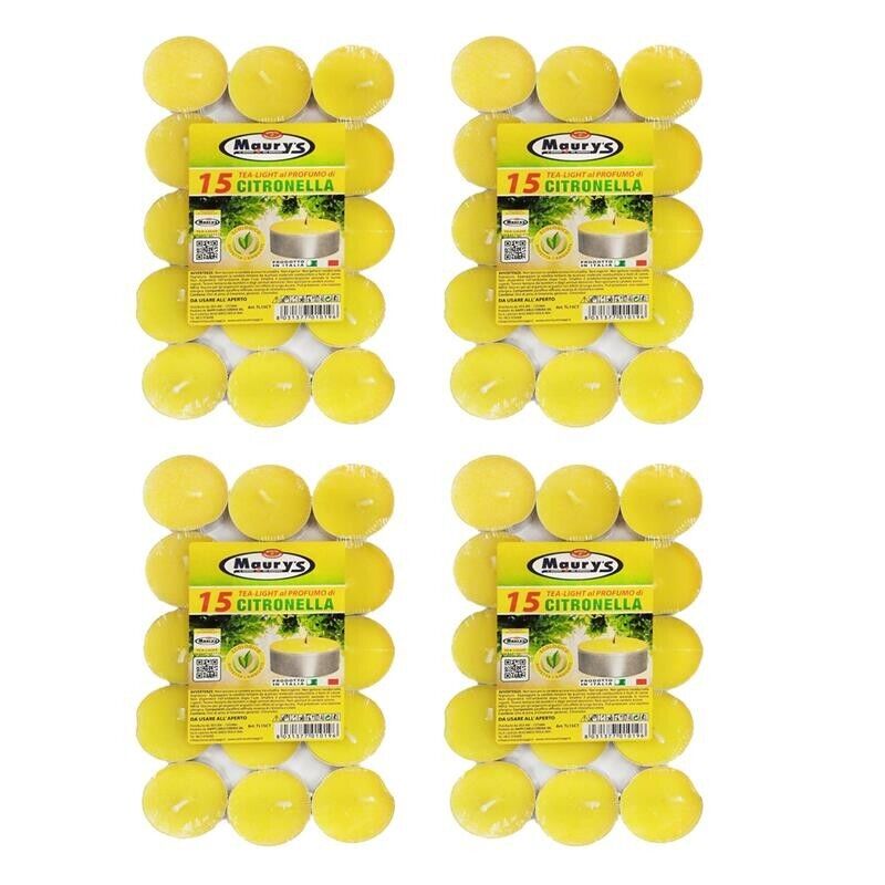MAURY'S CANDELINE TEA LIGHT 60 PZ GIALLE CON OLIO DI CITRONELLA E BASE IN METALLO