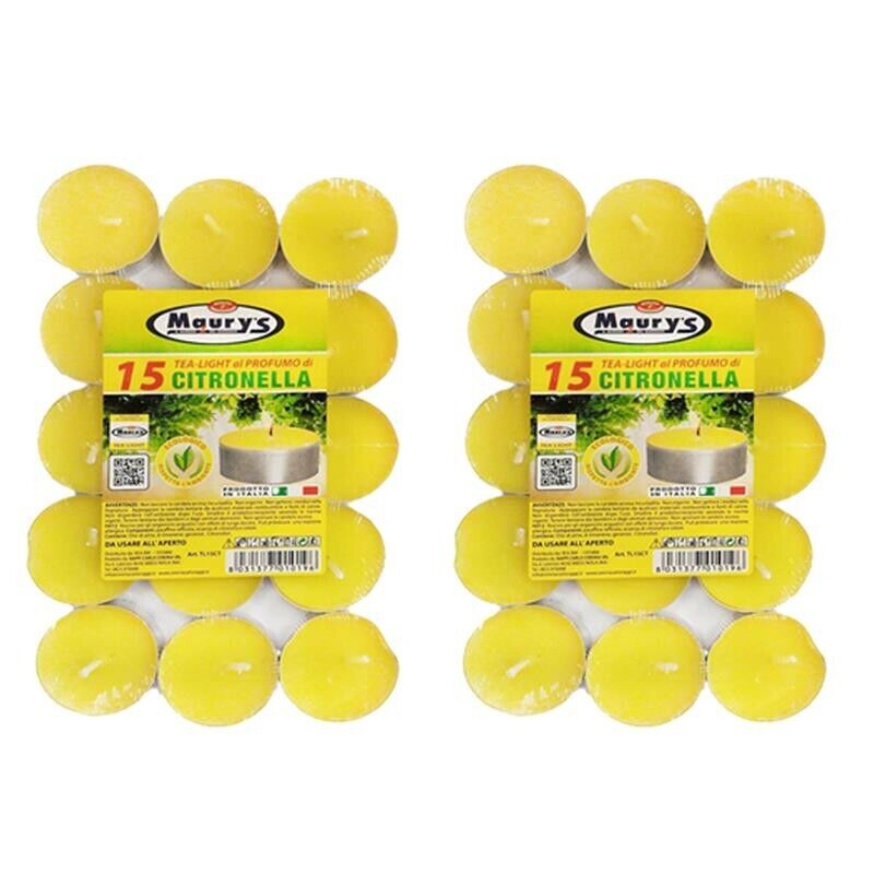 MAURY'S CANDELINE TEA LIGHT 30 PZ GIALLE CON OLIO DI CITRONELLA E BASE IN METALLO