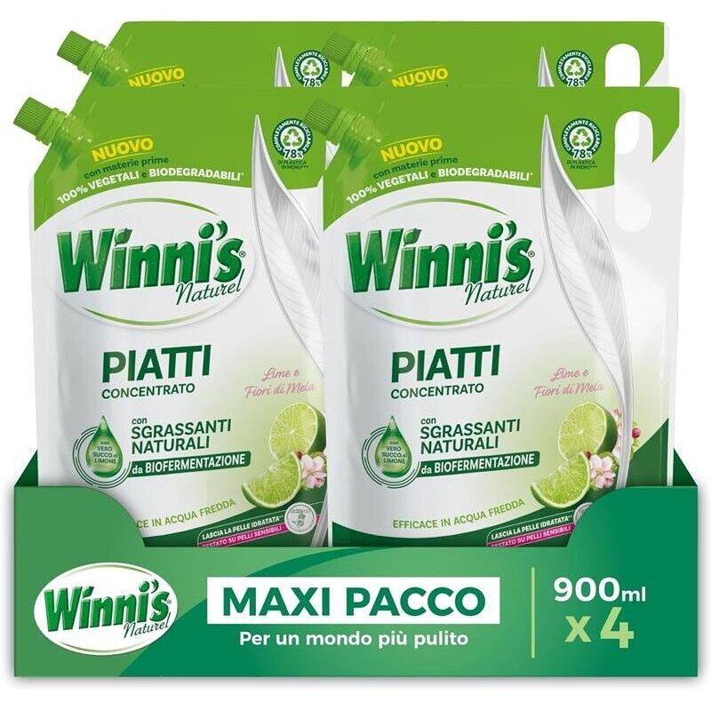 WINNI'S RICARICA SET 4 PEZZI DETERGENTE PIATTI DA 900ML LIME E FIORI DI MELA