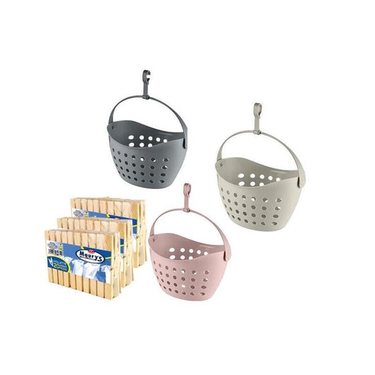 SET DI 60 MOLLETTE PER BUCATO IN LEGNO MAURY'S E CESTELLO PORTAMOLLETTE 22 X 16 X H15 CM IN COLORE ASSORTITO