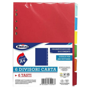 DIVISORI DI CARTA  6 PZ CON TASTI COLORATI IDEALE PER FORMATO A4