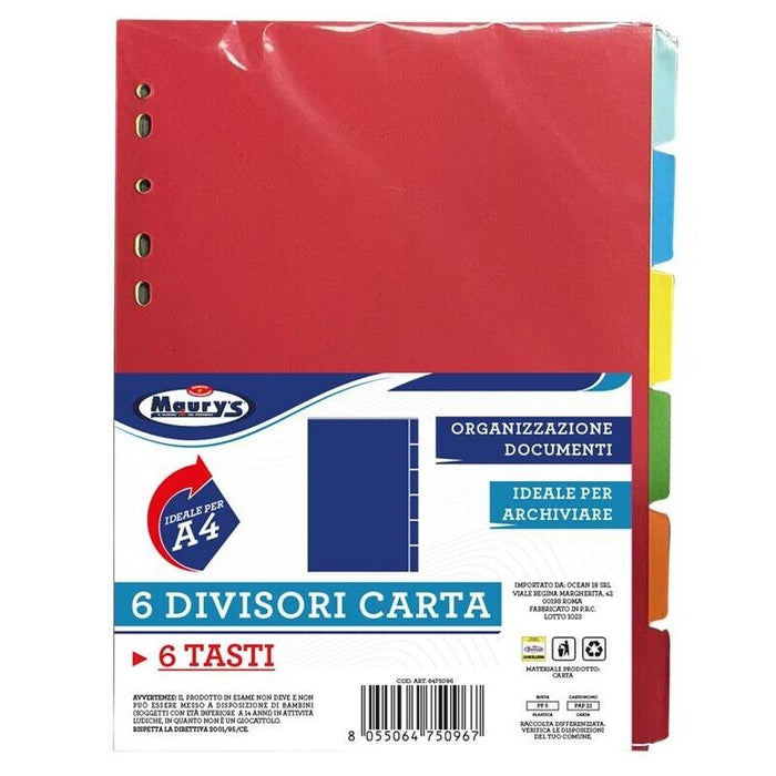 DIVISORI DI CARTA  6 PZ CON TASTI COLORATI IDEALE PER FORMATO A4