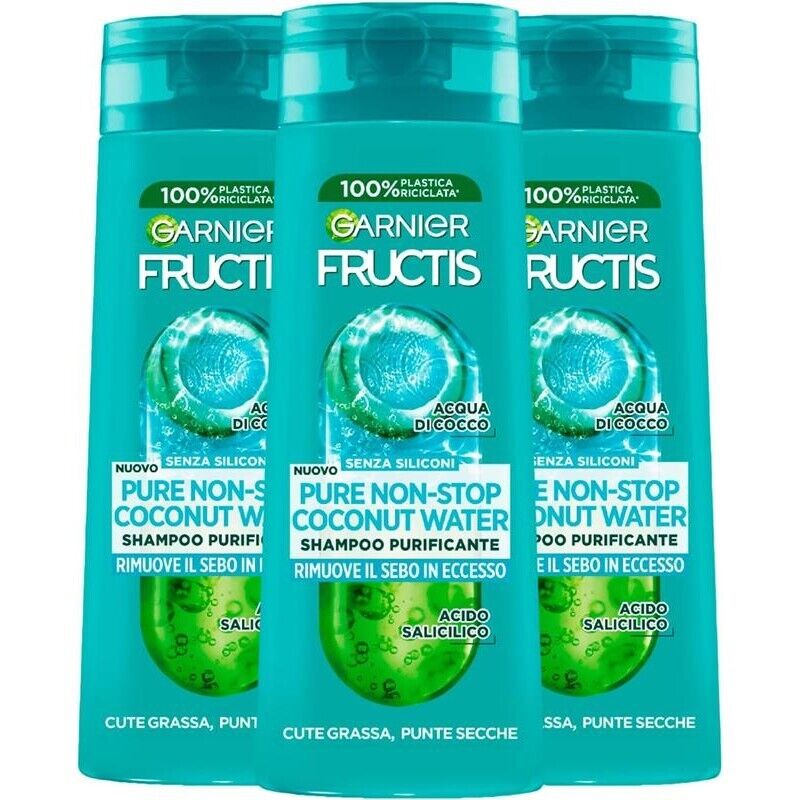 GARNIER FRUCTIS 3 PZ SHAMPOO 250 ML L'UNO PURE NON-STOP COCONUT WATER RIMUOVE IL SEBO IN ECCESSO
