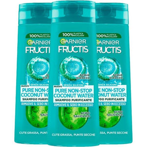 GARNIER FRUCTIS 3 PZ SHAMPOO 250 ML L'UNO PURE NON-STOP COCONUT WATER RIMUOVE IL SEBO IN ECCESSO
