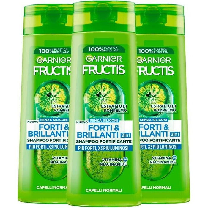 GARNIER FRUCTIS SET 3 PZ  SHAMPOO 2 IN 1 PIU FORTI X3 PIU LUMINOSI 250 ML L'UNO PER CAPELLI NORMALI ESTRATTO DI POMPELMO