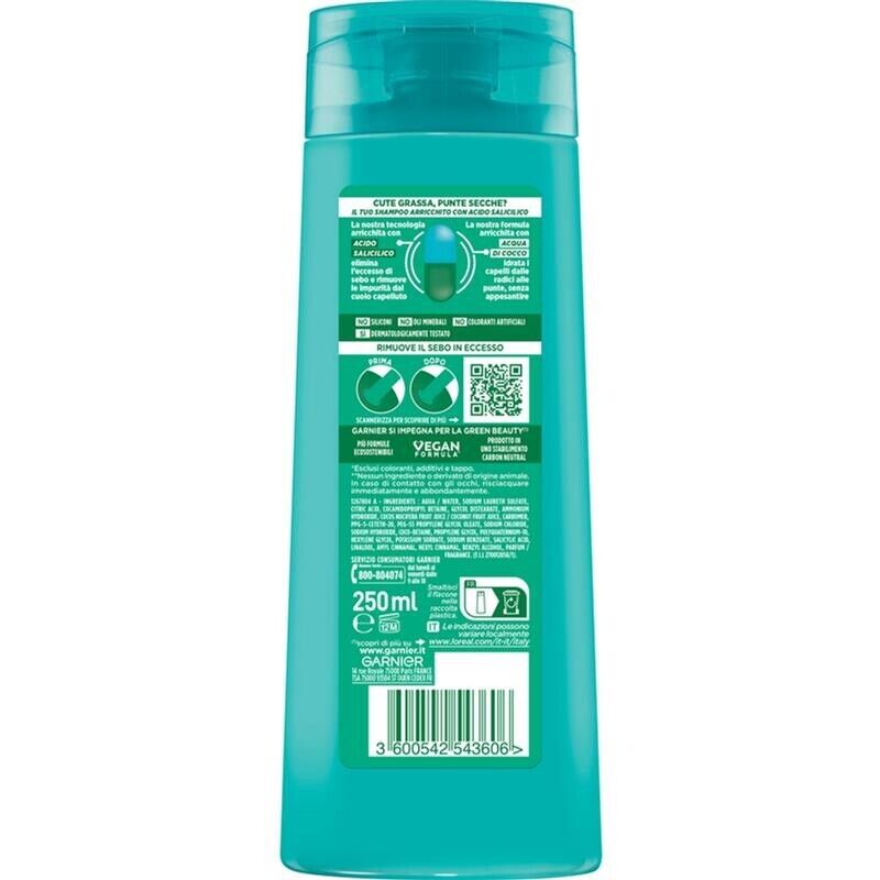 GARNIER FRUCTIS 3 PZ SHAMPOO 250 ML L'UNO PURE NON-STOP COCONUT WATER RIMUOVE IL SEBO IN ECCESSO
