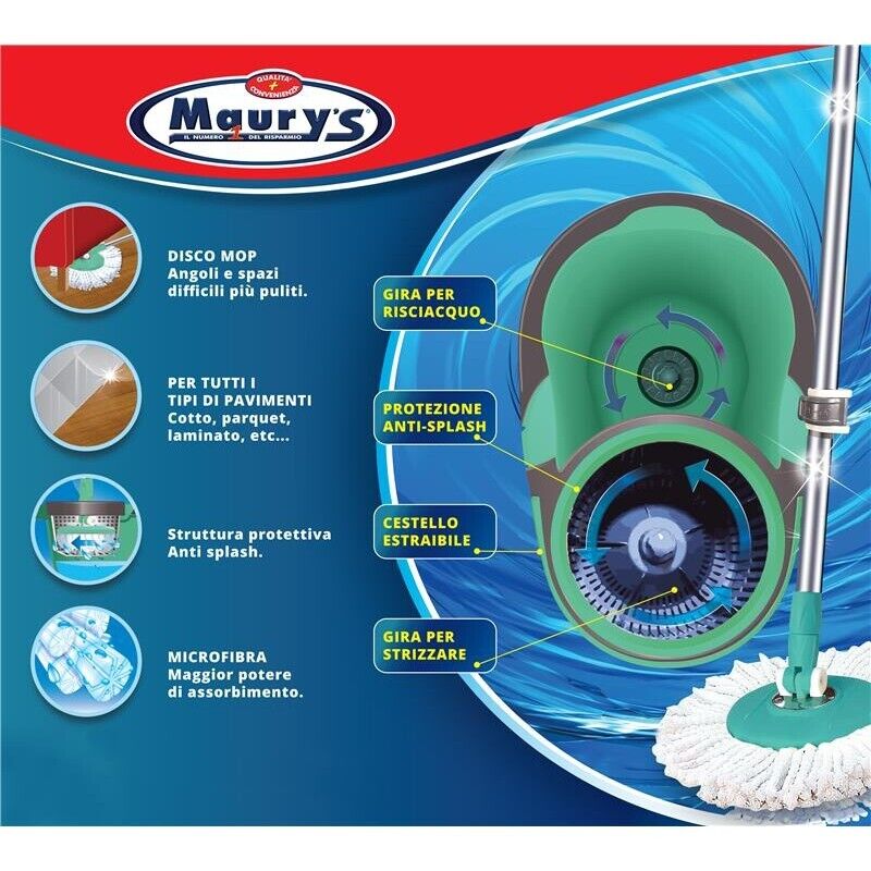 MAURY'S WHEEL MOP MOCIO ROTANTE CON SECCHIO STRIZZATORE 360° E MANICO