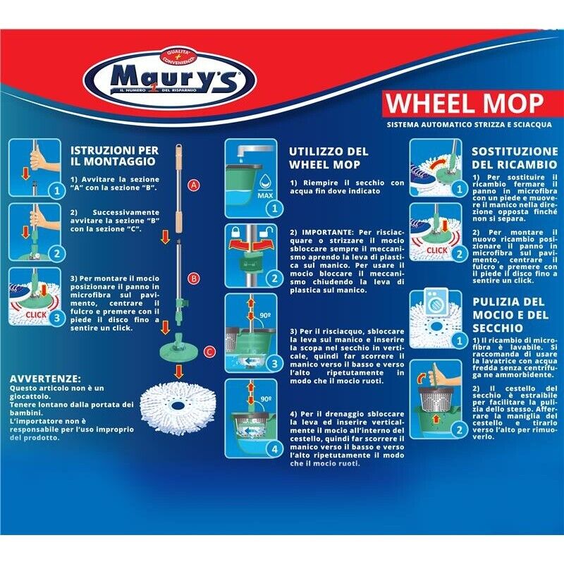 MAURY'S WHEEL MOP MOCIO ROTANTE CON SECCHIO STRIZZATORE 360° E MANICO
