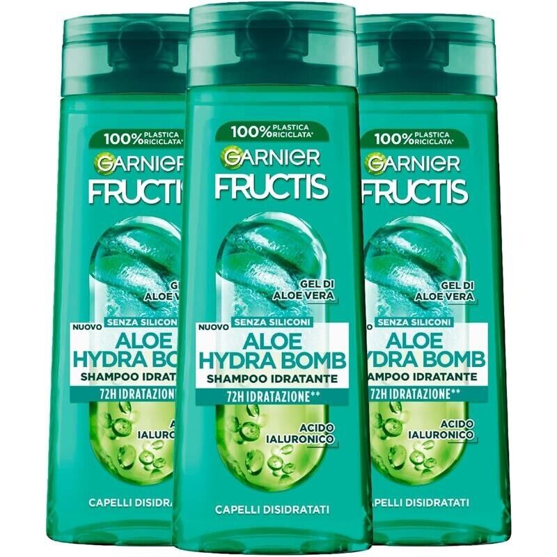 GARNIER FRUCTIS SET 3 SHAMPOO 250 ML L'UNO ALOE 72 ORE DI IDRATAZIONE HYDRA BOMB PER CAPELLI DISIDRATATI