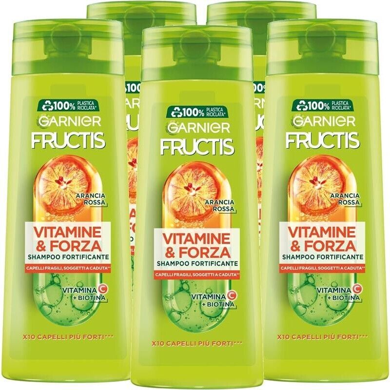 GARNIER FRUCTISSET 5 PZ SHAMPOO 250 ML L'UNO VITAMINE&FORZA X10 CAPELLI PIU FORTI VITAMINA C+ PIU BIOTINA