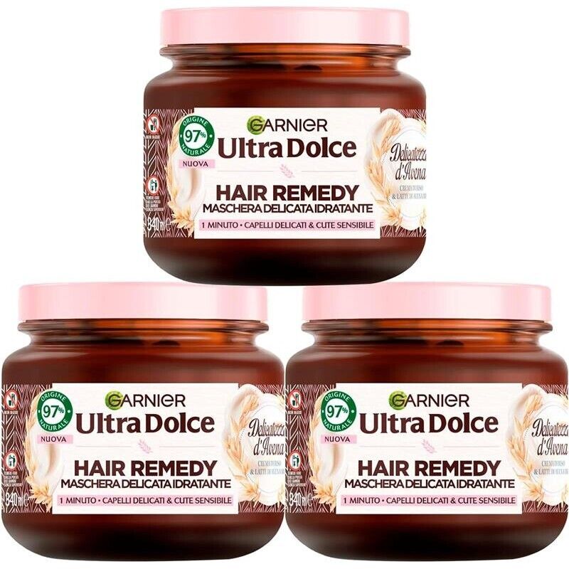GARNIER ULTRA DOLCE 3 MASCHERE IDRATANTE PER CAPELLI DELICATI E CUTE SENSIBILE CON CREMA DI RISO E LATTE DI AVENA 340 ML