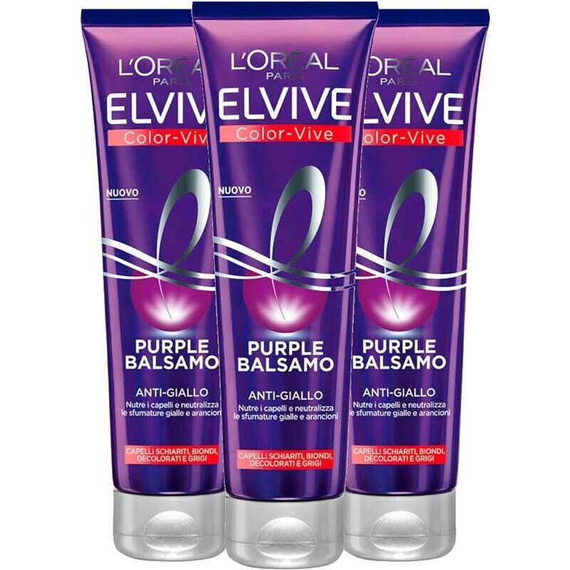 L'ORÉAL PARIS SET 3 COFESZIONI  BALSAMO ANTIGIALLO COLOR VIVE PURPLE, PER CAPELLI SCHIARITI BIONDI GRIGI 150 ML
