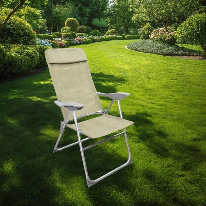 SEDIA RELAX ALTA 8 POSIZIONI IN ALLUMINIO H111X107X57CM CON BRACCIOLI E SEDUTA IN TESSUTO BEIGE