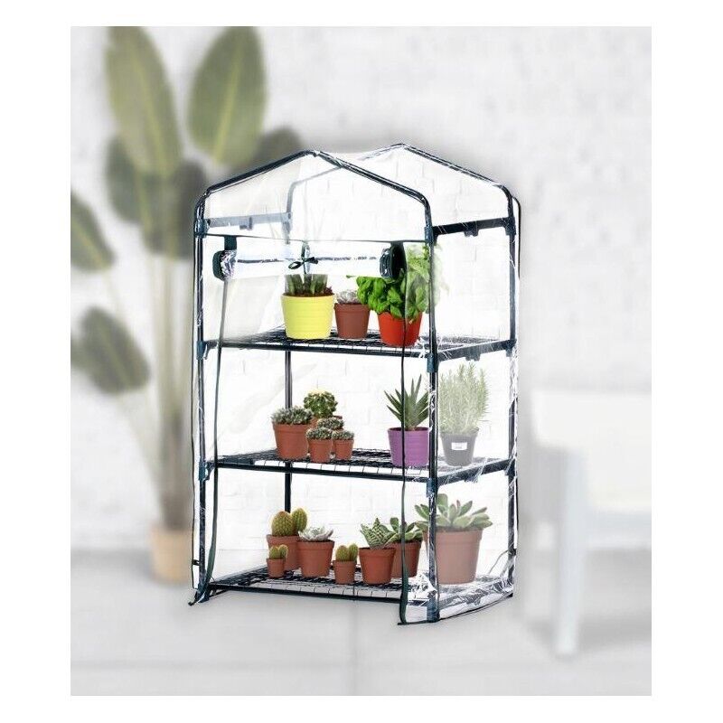 SERRA CON TELO IN PVC APRIBILE 3 RIPIANI E STRUTTURA IN METALLO 69 X 49 X H126CM