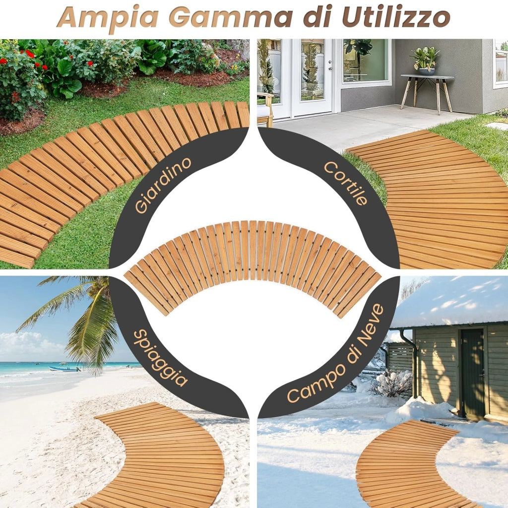 Sentiero da Giardino in Legno, Passerella Curvo da Esterno con Superficie Antiscivolo e Fili Metallici, Design Arrotolabile, per Patio Cortile e Spiaggia, Naturale (216 x 53 cm)