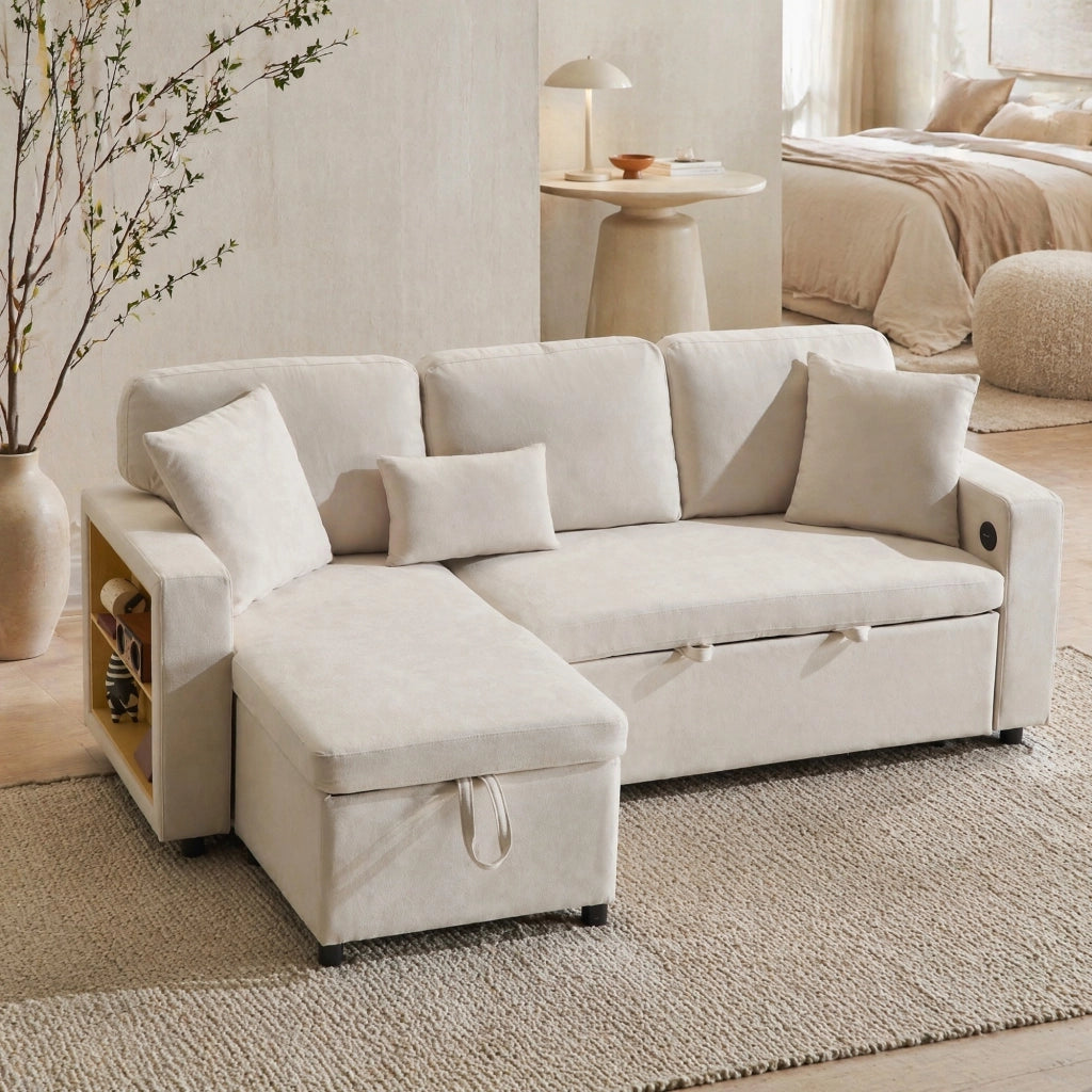 Divano letto angolare 3 posti con USB, contenitore e 3 cuscini, beige