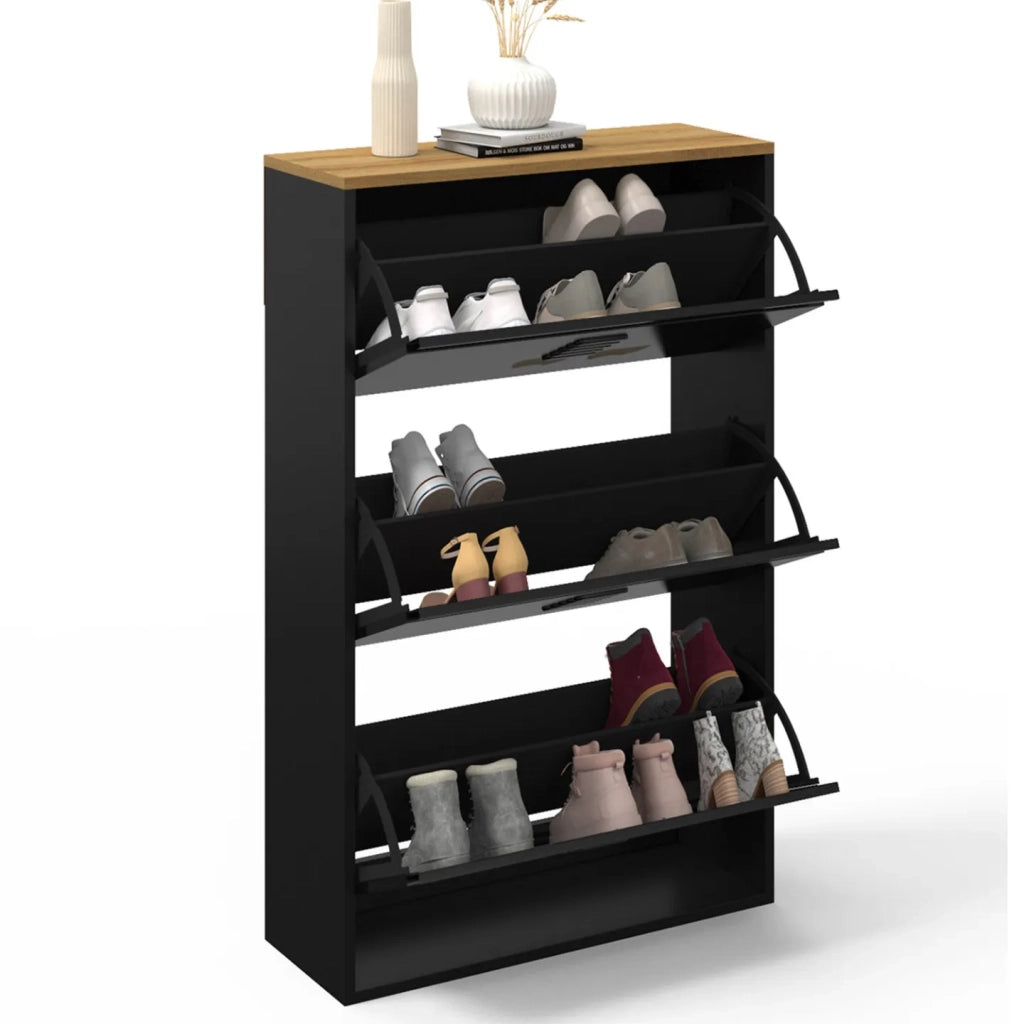 IDMarket - ESTER Zapatero de 3 puertas y 18 pares de metal negro con tapa de madera de diseño industrial