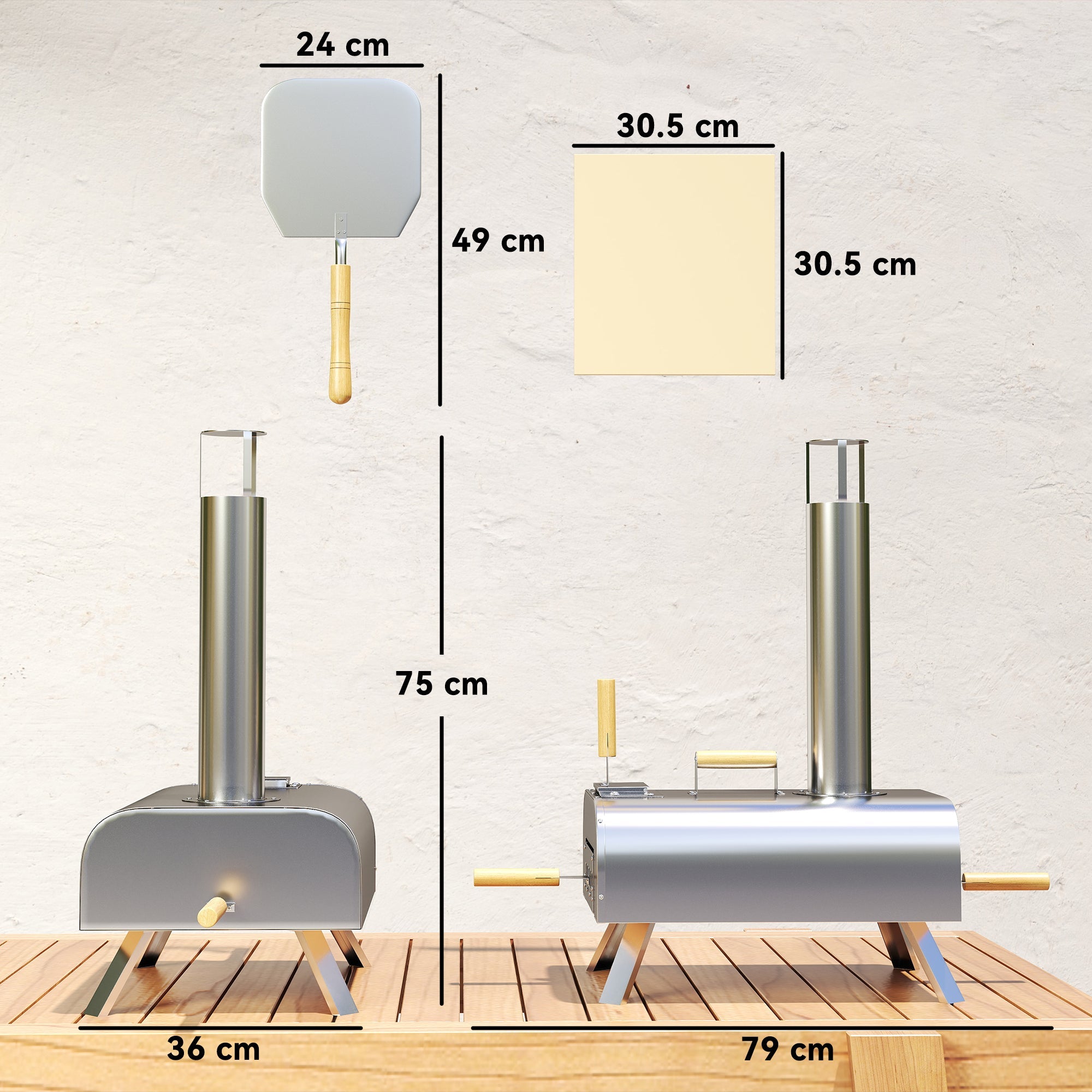 Forno per Pizza a Pellet 79x36x75 cm con Pietra Refrattaria e Pala in Acciaio Inox Argento