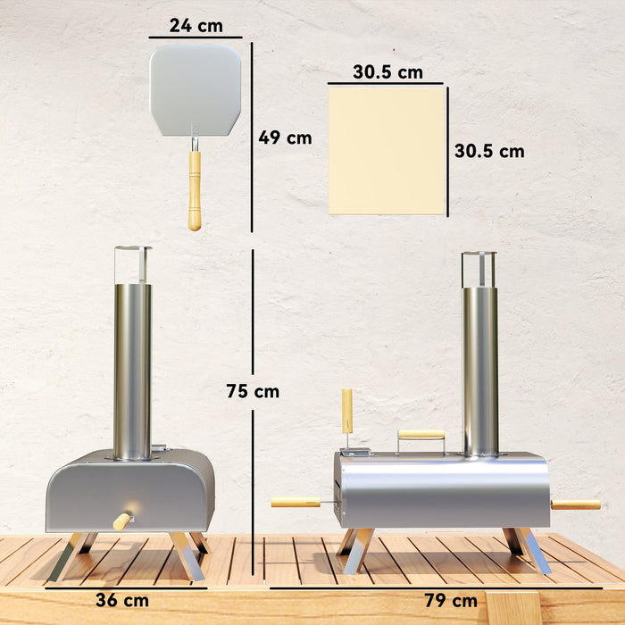 Forno per Pizza a Pellet 79x36x75 cm con Pietra Refrattaria e Pala in Acciaio Inox Argento