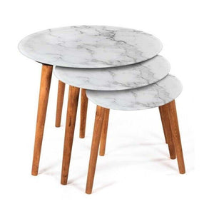 TAVOLINI ELIT SET 3 PZ IN LEGNO CON EFFETTO MARMO CHIARO FORMA TONDA