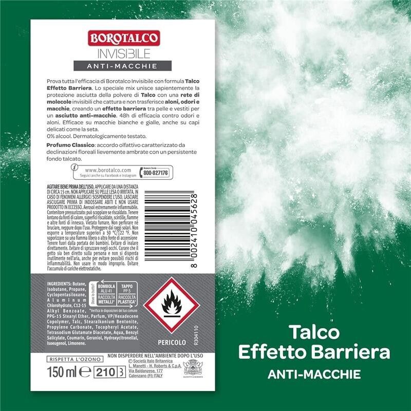 BOROTALCO SET 4 DEODORANTI SPRAY INVISIBILE GRIGIO NO ALCOOL CON TALCO 150 ML ANTIMACCHIE