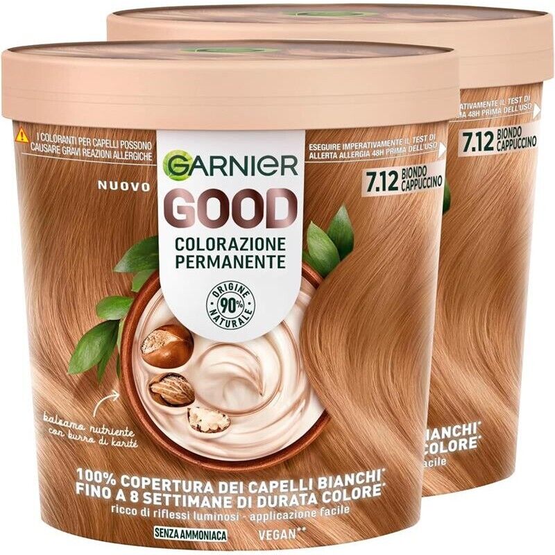 SET 2 GARNIER GOOD TINTA CAPELLI 7.12 BIONDO CAPPUCCINO COLORAZIONE PERMANENTE SENZA AMMONIACA 90% NATURALE