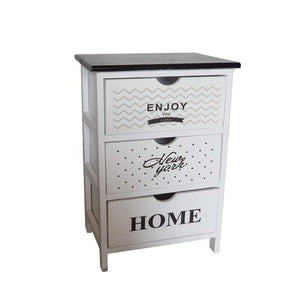 ENJOY MOBILE A 3 CASSETTI SLIM 40X29X58 CM BIANCO CON SCRITTE E TOP NERO
