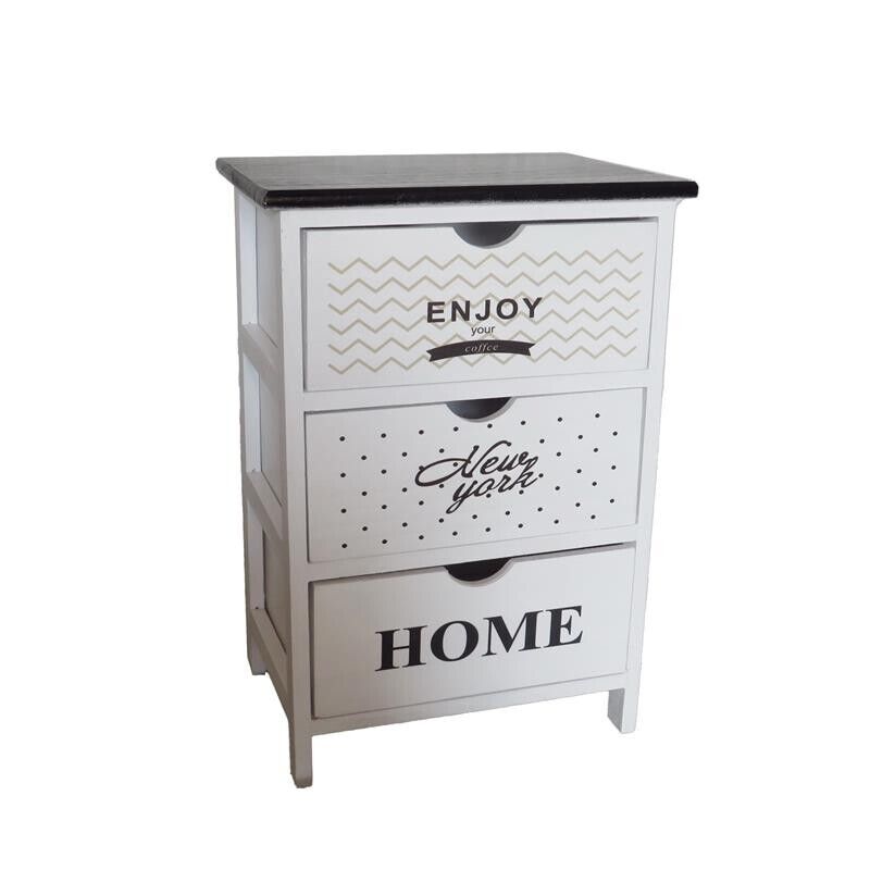 ENJOY MOBILE A 3 CASSETTI SLIM 40X29X58 CM BIANCO CON SCRITTE E TOP NERO