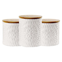 TRIS DI BISCOTTIERE IN CERAMICA CON TAPPO IN LEGNO 2 DA 10X12.5 CM E UNA 13X16 CM BIANCHE