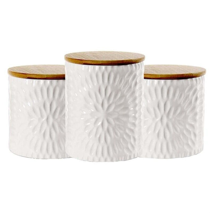 TRIS DI BISCOTTIERE IN CERAMICA CON TAPPO IN LEGNO 2 DA 10X12.5 CM E UNA 13X16 CM BIANCHE