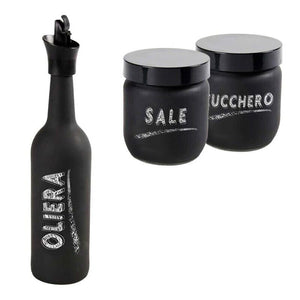 SET DA TAVOLA CON OLIERA, BARATTOLO DI SALE E ZUCCHERO IN VETRO SATINATO NERO