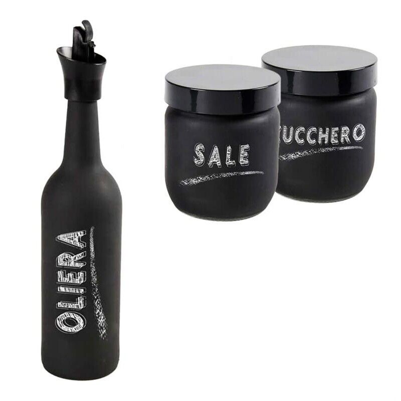 SET DA TAVOLA CON OLIERA, BARATTOLO DI SALE E ZUCCHERO IN VETRO SATINATO NERO