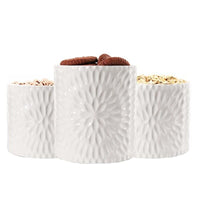 TRIS DI BISCOTTIERE IN CERAMICA CON TAPPO IN LEGNO 2 DA 10X12.5 CM E UNA 13X16 CM BIANCHE