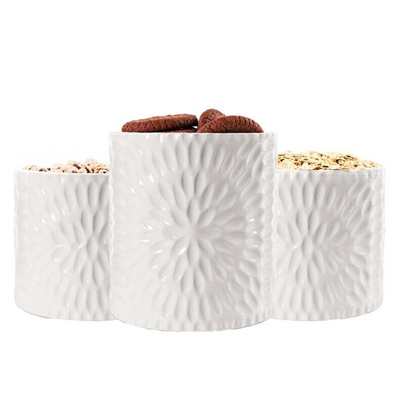 TRIS DI BISCOTTIERE IN CERAMICA CON TAPPO IN LEGNO 2 DA 10X12.5 CM E UNA 13X16 CM BIANCHE