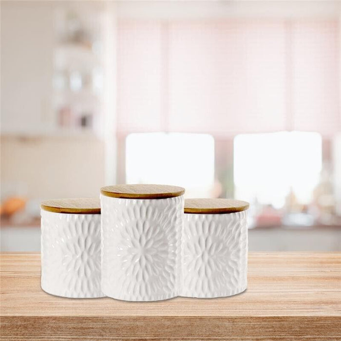 TRIS DI BISCOTTIERE IN CERAMICA CON TAPPO IN LEGNO 2 DA 10X12.5 CM E UNA 13X16 CM BIANCHE